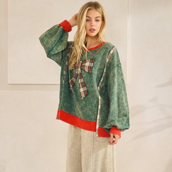 78. Med, Large - Oversized Merry Mineral-Wash Bow Pullover Soft Sweatshirt NEW - Picture 3 of 10
